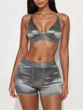 Forplay Metallic Silver Satin‎ Bralette & Boxer Short Set